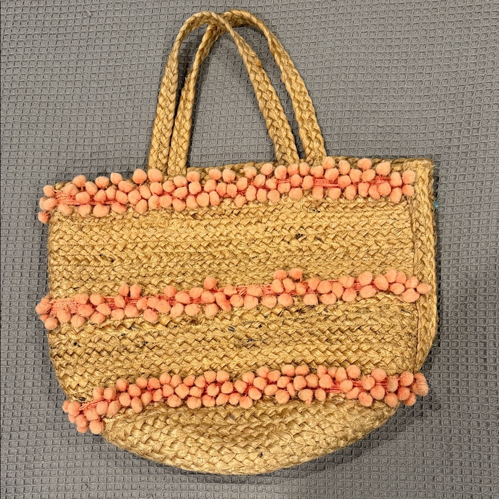Anthropologie Tan and Pink Pom-Pom Tote